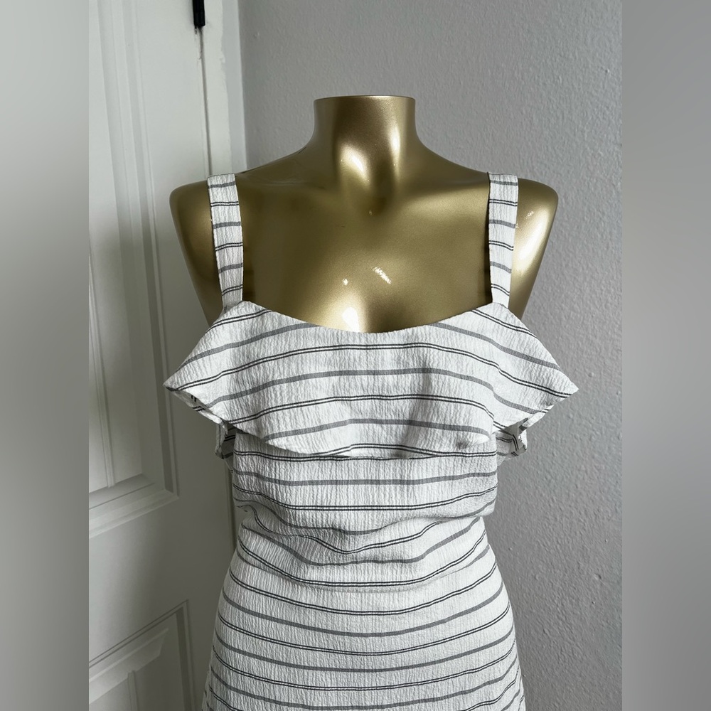 New Banana Republic Nautical Crepe Wide Strap Ruffled Belted Sun Dress Midi - Picture 2 of 10